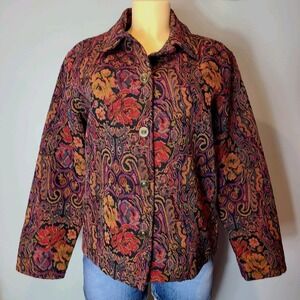 Vtg Womens Tapestry Collared Jacket Sz M Red Rose Floral Paisley Festival Boho
